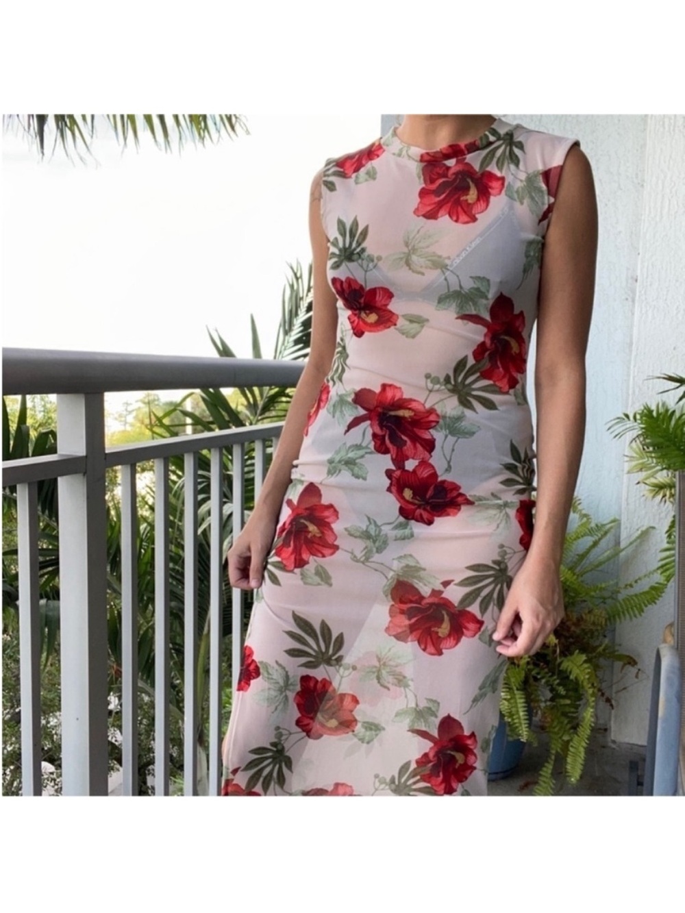 Sheer Mesh Floral Maxi Dress L